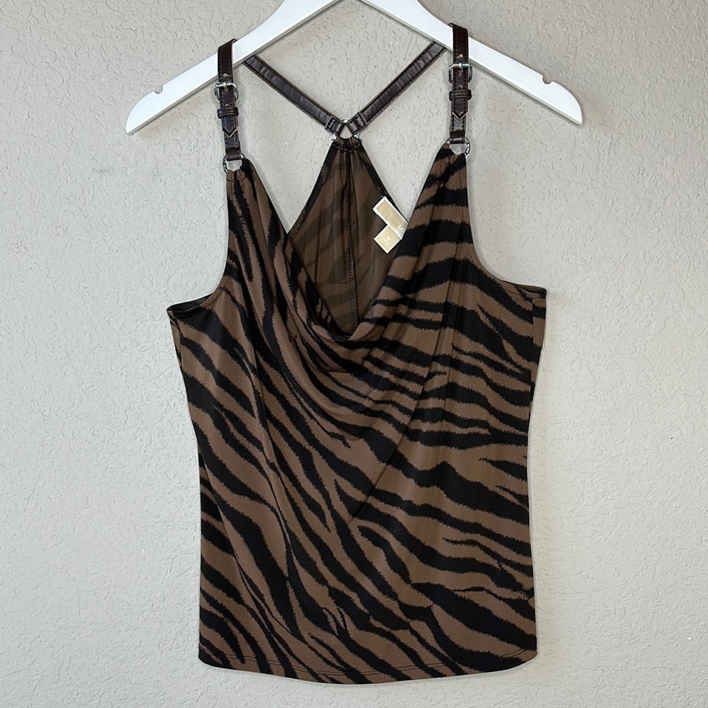 Michael Kors Black & Brown Zebra Faux Leather Adjustable Buckle Strap Top Size M
